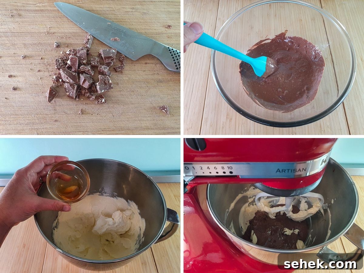 Decadent Toblerone Cheesecake Recipe with Crunchy Chocolate Honeycomb 6 Process shots: chopping and melting chocolate, adding honey to softened cream cheese, adding chocolate to cream cheese and honey.