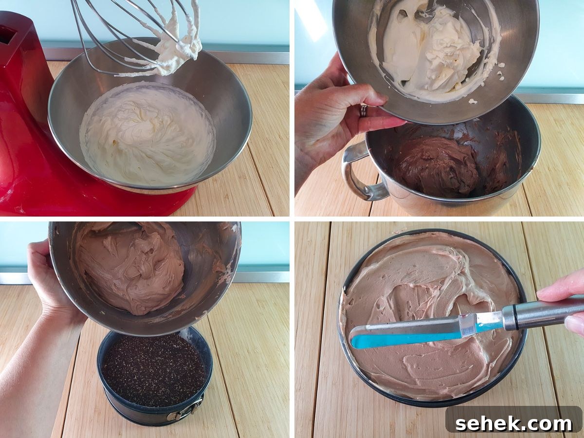 Decadent Toblerone Cheesecake Recipe with Crunchy Chocolate Honeycomb 7 Process shots: whipping cream adding cream to rest of mix, tipping filling onto base, smoothing down the top of cheesecake.