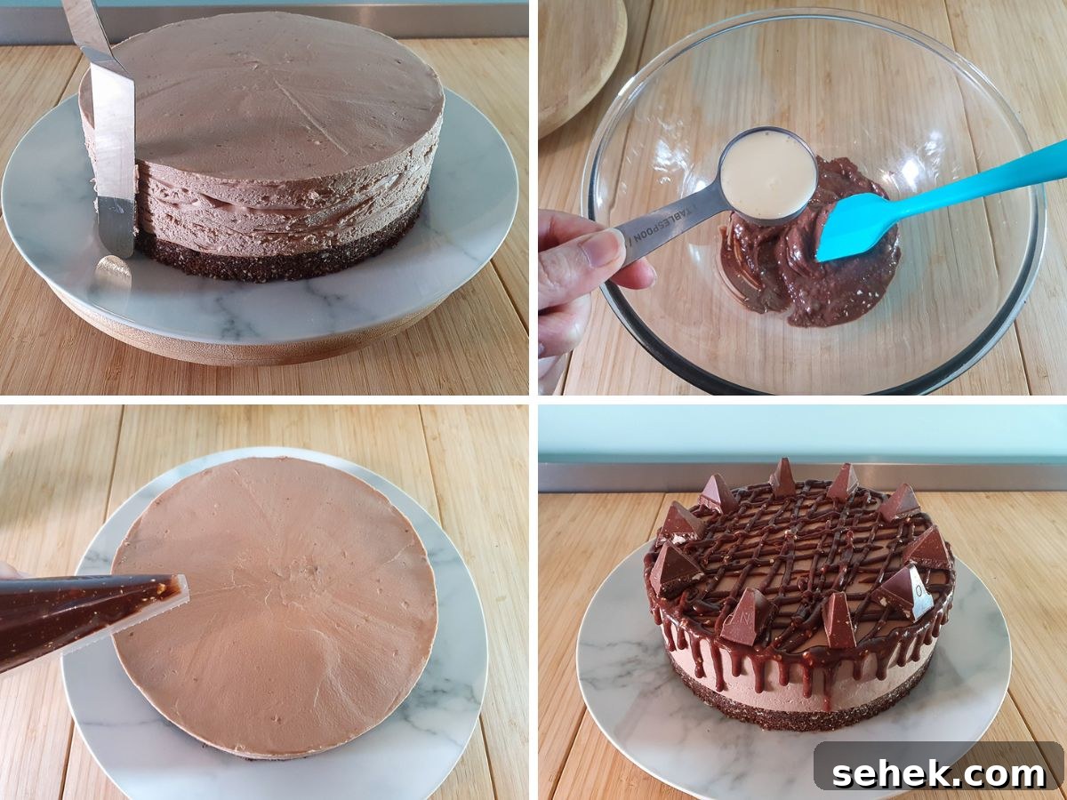 Decadent Toblerone Cheesecake Recipe with Crunchy Chocolate Honeycomb 8 Process shots: smoothing the edge of the cheesecake, adding cream to melted chocolate, piping on ganache, adding chocolate triangles.