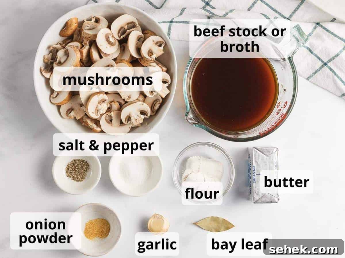 Creamy Mushroom Gravy Recipe for Steaks and Mashed Potatoes 3 Ingredients for mushroom gravy with text overlay.