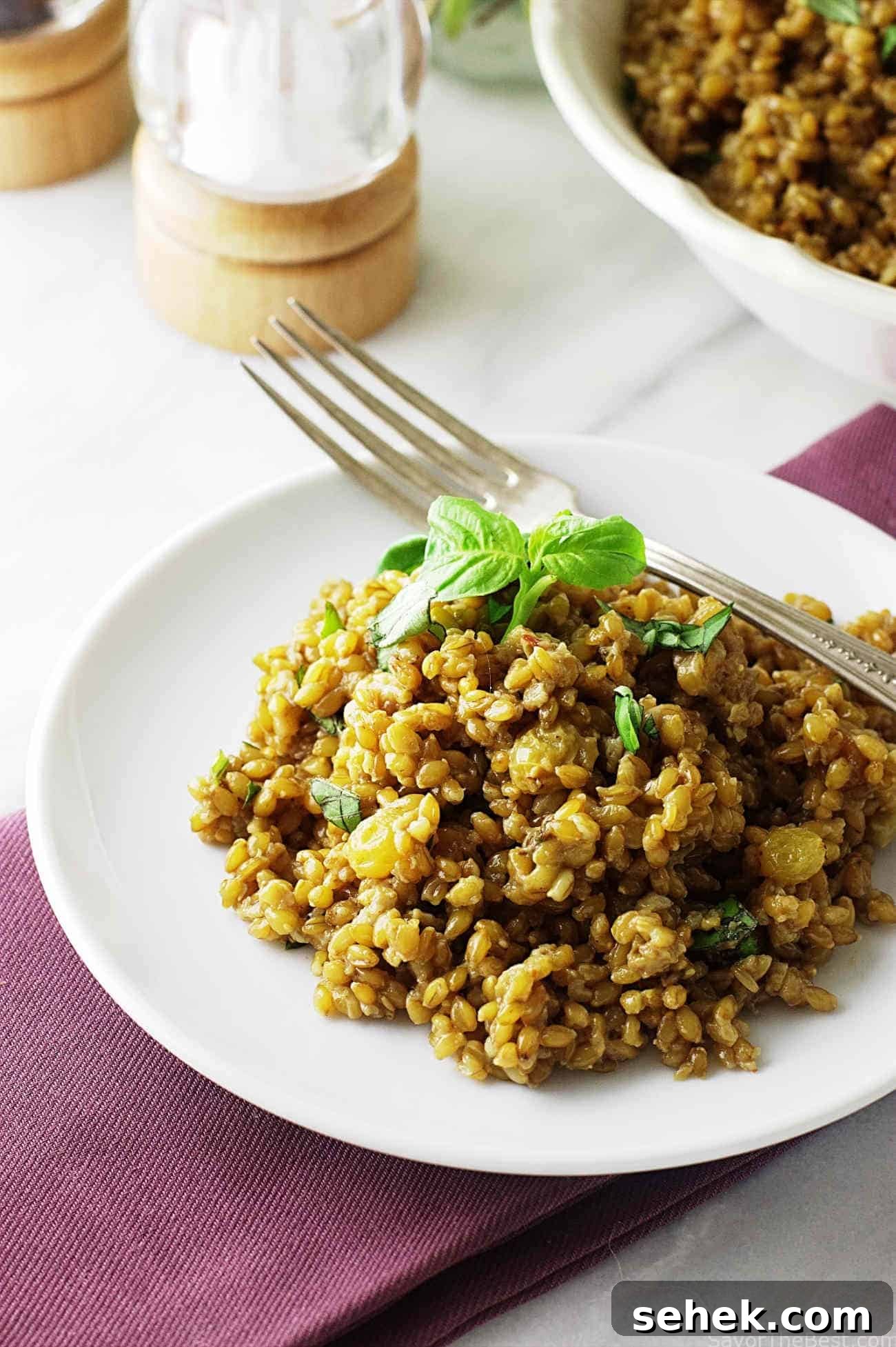 Serving of einkorn risotto on a white plate