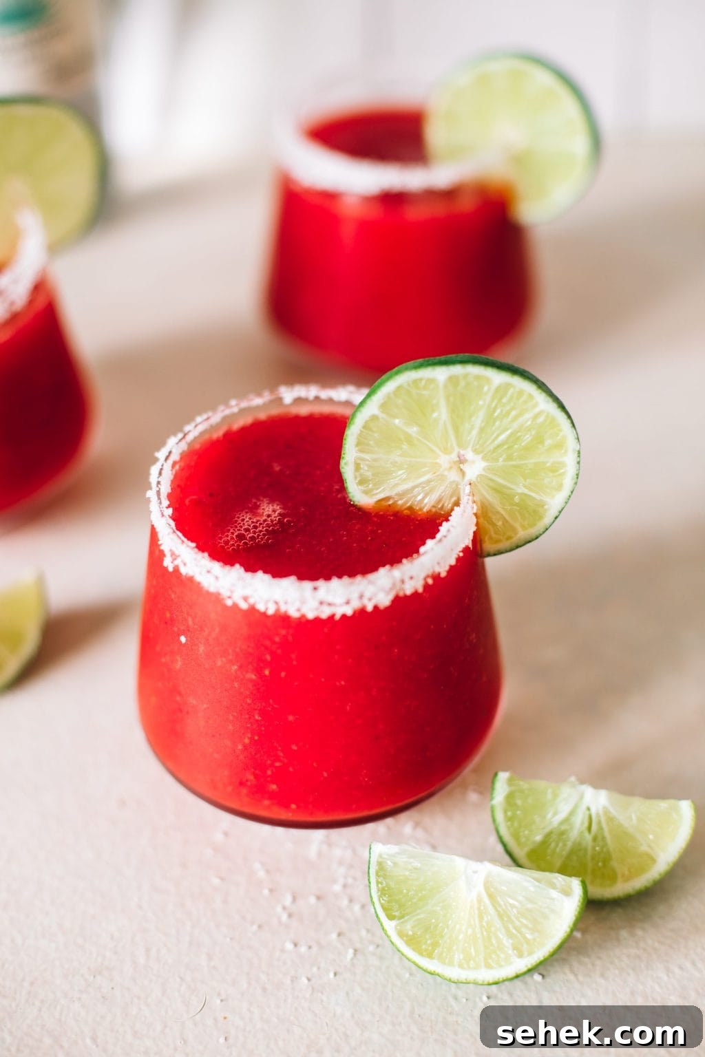 Frozen Strawberry Margarita Recipe: How to Make a Refreshing Frozen Strawberry Margarita 3 frozen strawberry margarita recipe in glass with salted rim and lime wheel