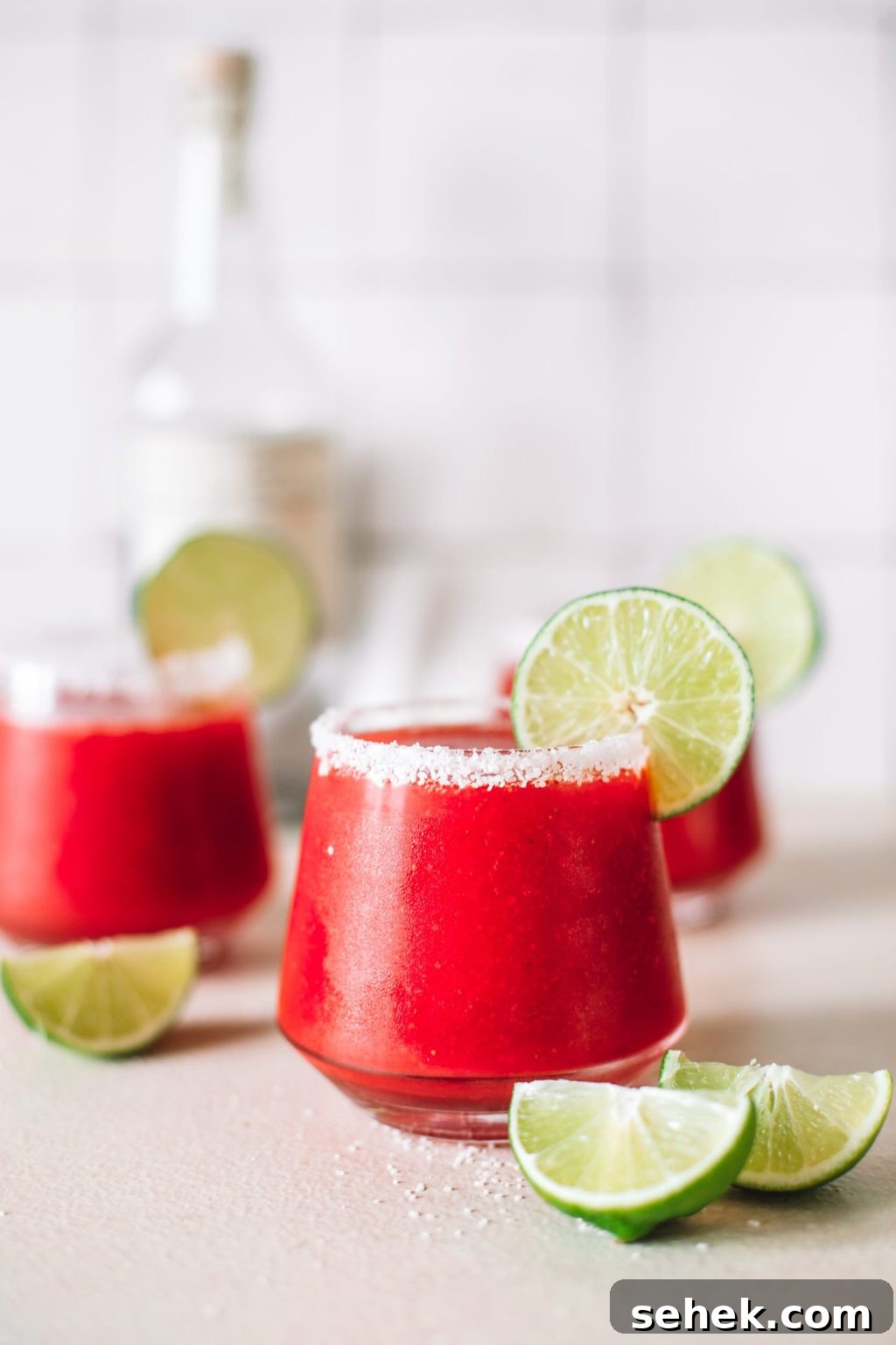 Frozen Strawberry Margarita Recipe: How to Make a Refreshing Frozen Strawberry Margarita 5 three glasses of blended strawberry margaritas with salt rim and lime wheel