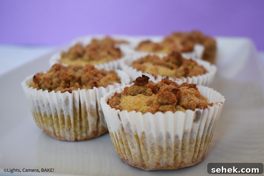 Fluffy Apple Cinnamon Muffins with Streusel Topping 4 Apple cinnamon muffins close up.