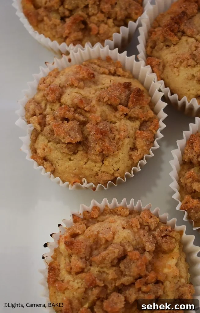 Fluffy Apple Cinnamon Muffins with Streusel Topping 5 Crumb muffin on a white plate.