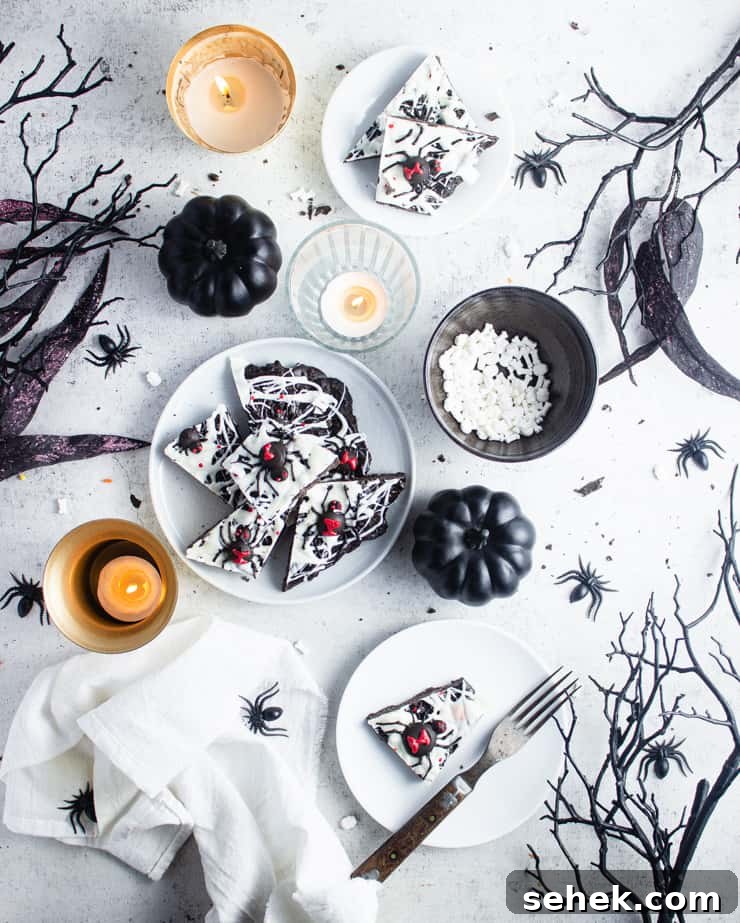 Spider Candy Bark Recipe — Halloween Chocolate Bark with Gummy Spiders 2 overhead shot of plated spider candy bark