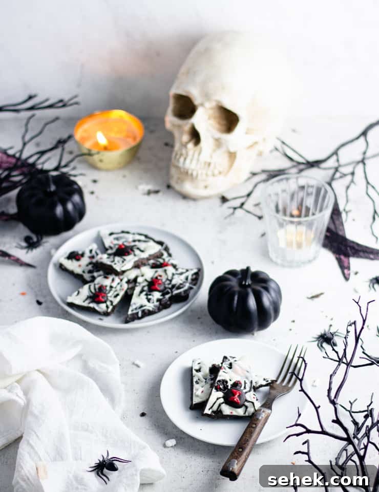 Spider Candy Bark Recipe — Halloween Chocolate Bark with Gummy Spiders 9 spider candy bark with skull and black pumpkins in the background