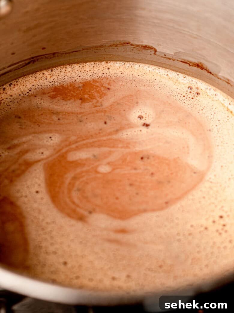 Dairy-Free Spiked Hot Chocolate Recipe: Cozy Vegan Cocoa with Rum 5 Hot chocolate in a saucepan.