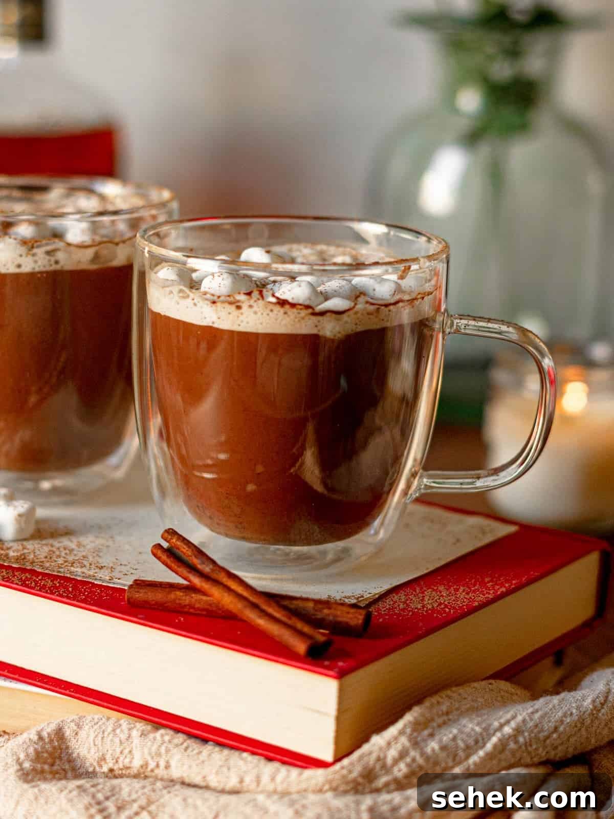 Dairy-Free Spiked Hot Chocolate Recipe: Cozy Vegan Cocoa with Rum 7 A glass of hot chocolate on a stack of books.