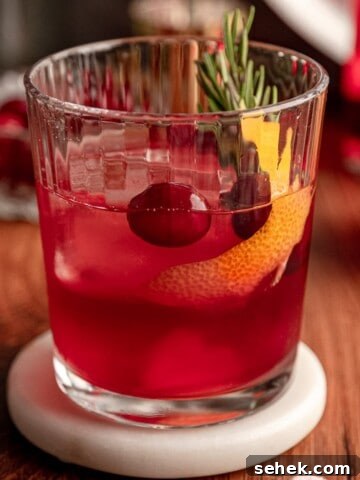 A cranberry drink garnished with rosemary.