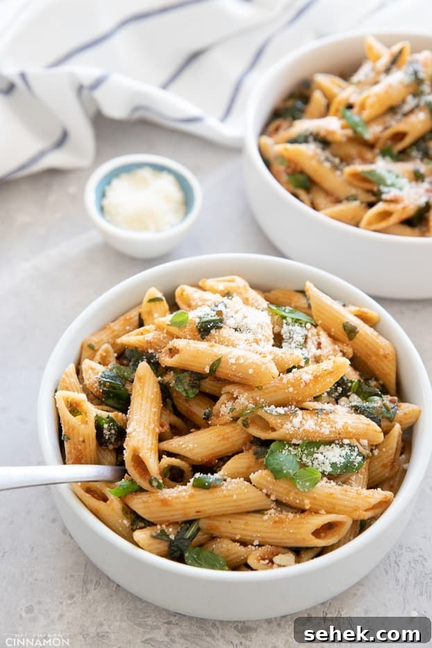 Sun-Dried Tomato Pasta with Garlic and Basil Sauce 3 side view of a bowl with penne pasta tossed in an easy sun-dried tomato sauce