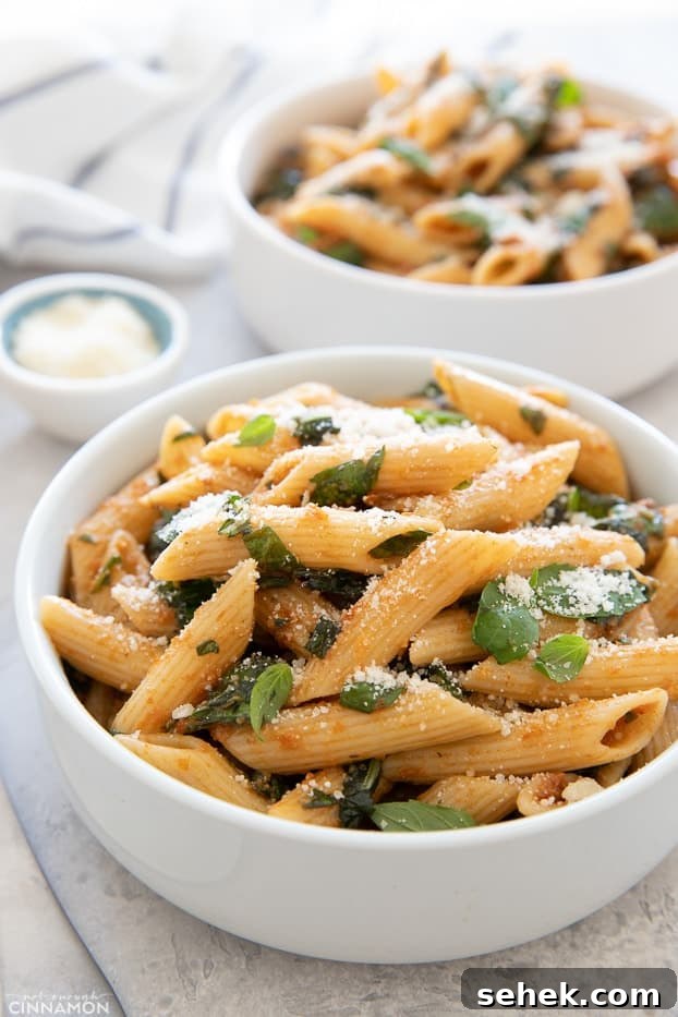 Sun-Dried Tomato Pasta with Garlic and Basil Sauce 4 close-up side view of a bowl with penne pasta tossed in an easy sun-dried tomato sauce