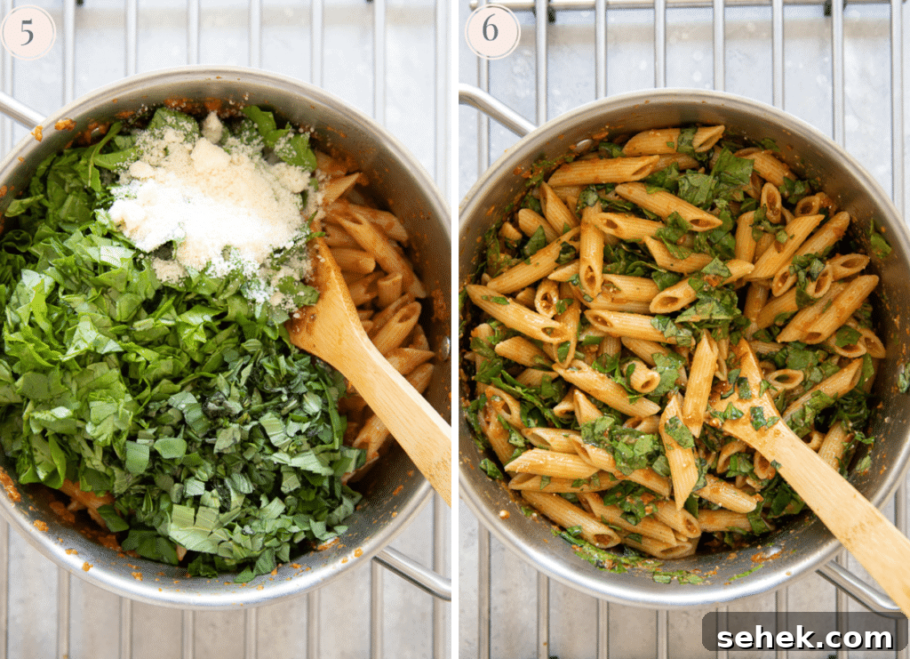 Sun-Dried Tomato Pasta with Garlic and Basil Sauce 7 photo collage depicting baby spinach and grated parmesan being added to a pot of freshly cooked penne pasta