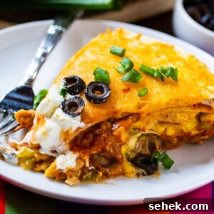 One-Pan Chicken Tortilla Pie Recipe for Quick Weeknight Dinners 6 Slice of One Pot Chicken Tortilla Pie on a plate.