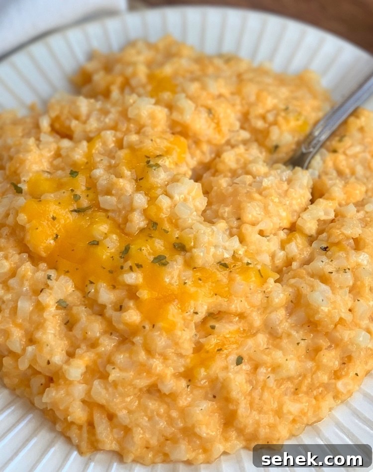 Close up view of a delicious vegetable side dish made with frozen cauliflower rice, cheddar, cream cheese, and seasoning.