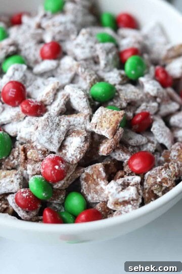 close up of christmas puppy chow in bowl