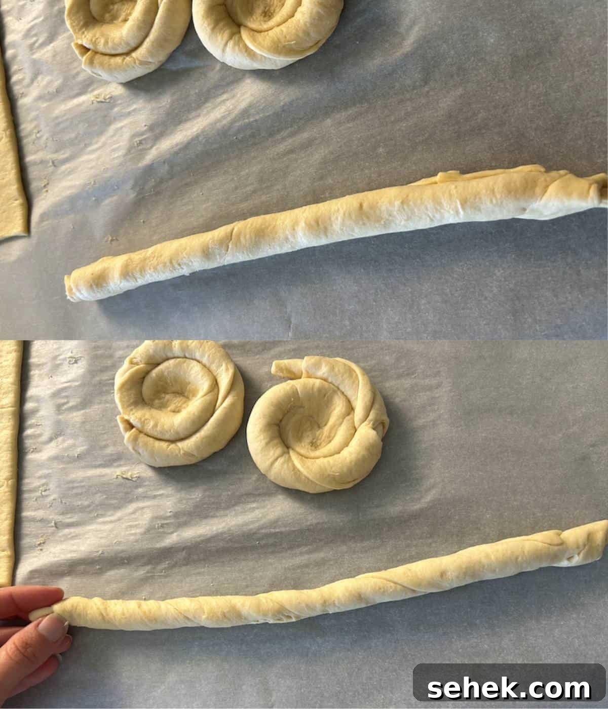 Crescent dough rolled into a cylinder like shape for the danish dough.