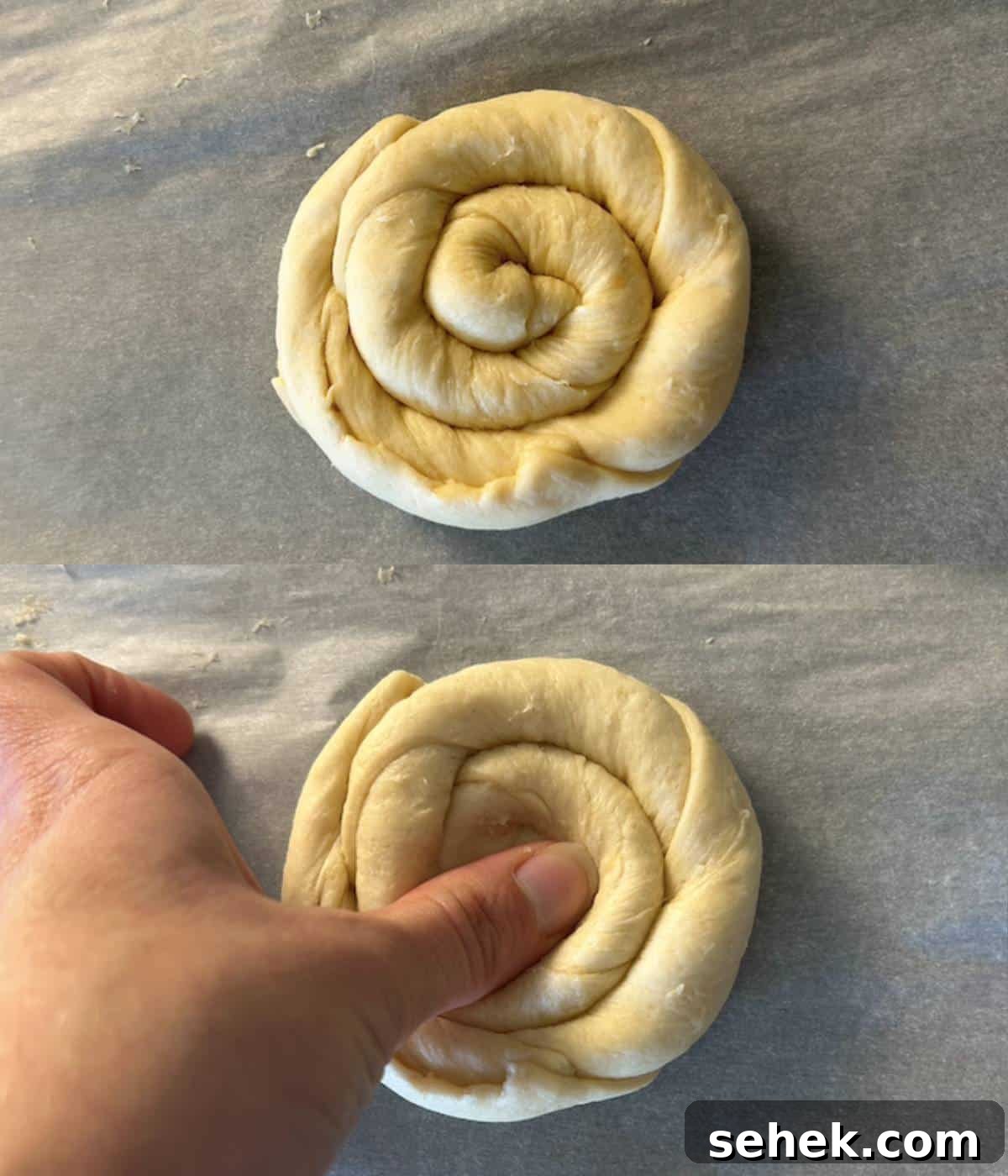 Thumb pressing into center of danish dough to create a well for filling.