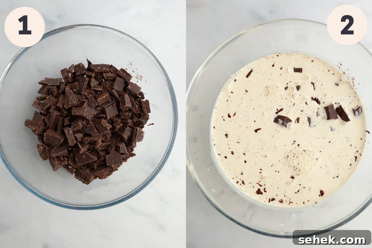 Whipped Chocolate Ganache Frosting Recipe for Cakes 4 Dark chocolate in a bowl and the same bowl filled with heavy cream.