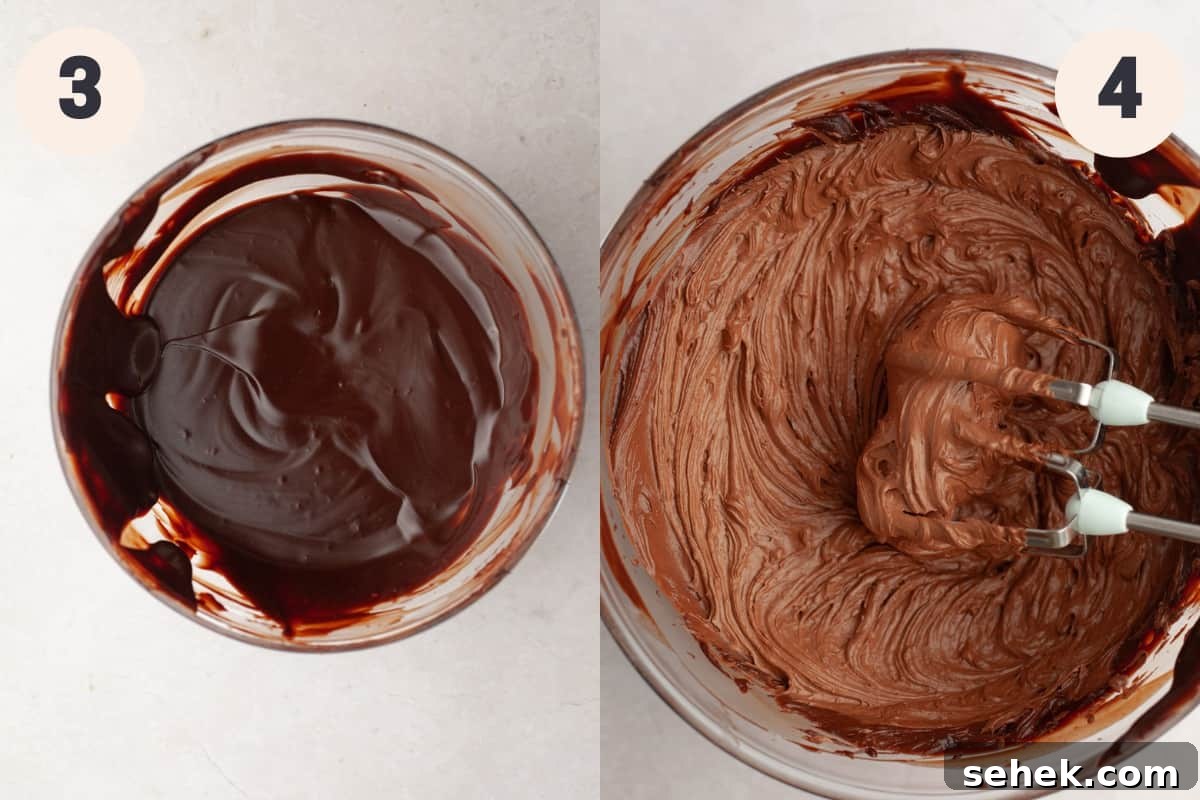 Whipped Chocolate Ganache Frosting Recipe for Cakes 5 Whipped chocolate ganache in a large bowl.