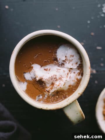 Hot chocolate in a mug topped with coconut cream and chocolate shavings.