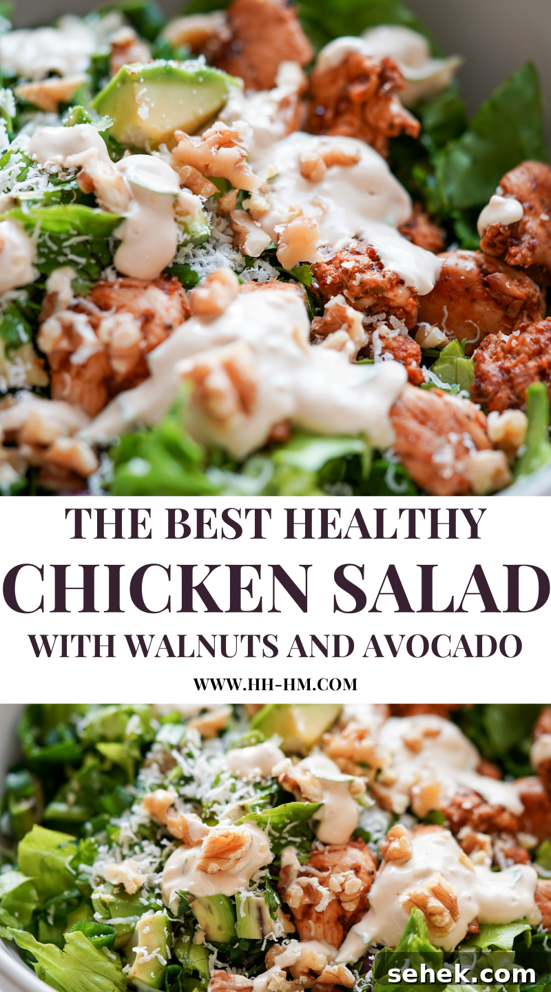 This low-carb chicken salad with creamy yogurt dressing is packed with leafy greens and avocado! Add some walnuts and toasted sesame seeds for extra crunch, you do not need croutons! This healthy salad recipe is the perfect way to use chicken breast and it’s high-fiber high-protein and low in carbs, perfect for meal prep too! Enjoy for lunch or dinner!