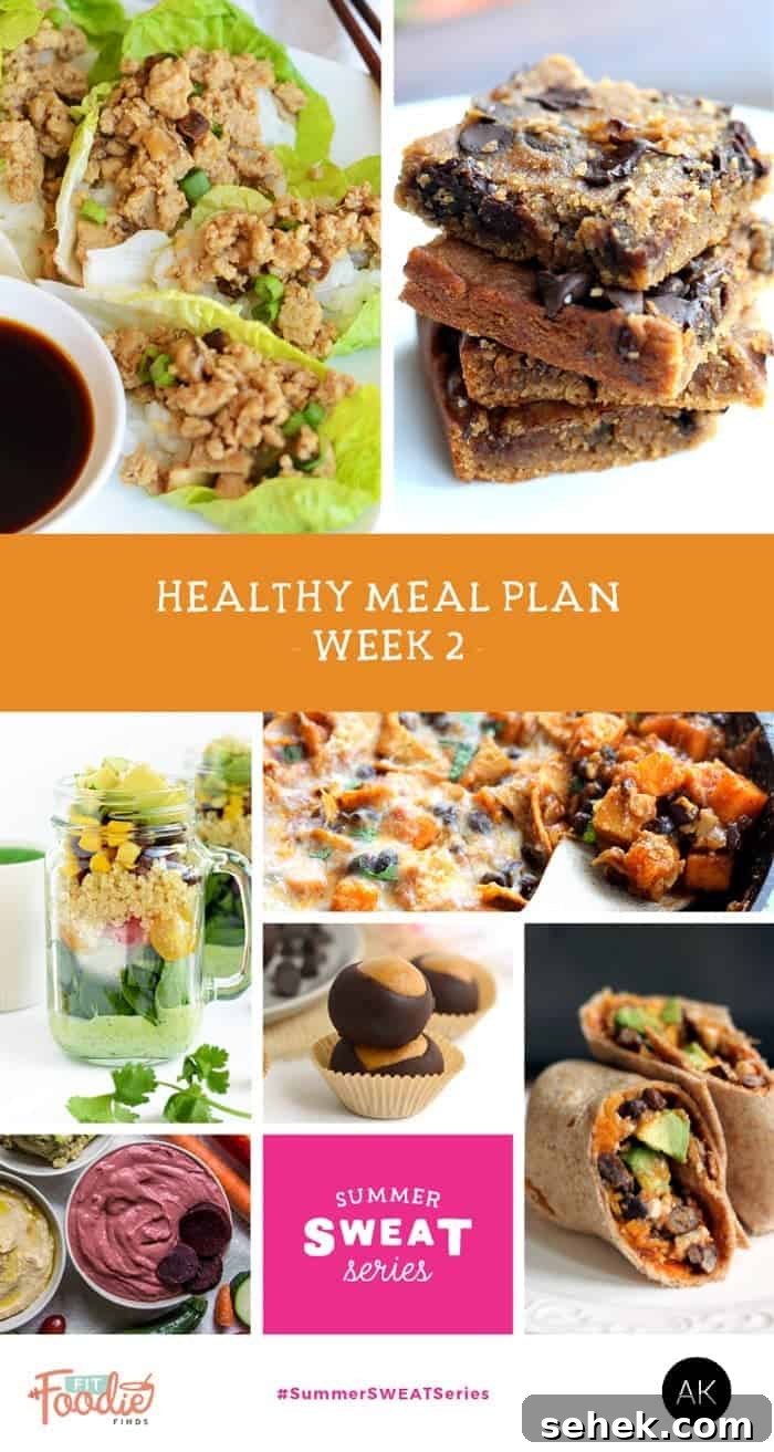 Summer SWEAT Week 2 Meal Plan: Energizing Recipes & Prep Tips 2 It's week 2 of the Summer SWEAT Series. Download your free, printable meal plan and grocery list filled with nutritious meals, snacks, and even dessert!