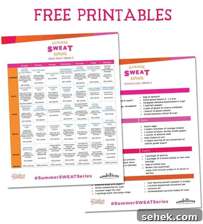 Summer SWEAT Week 2 Meal Plan: Energizing Recipes & Prep Tips 3 It's week 2 of the Summer SWEAT Series. Download your free, printable meal plan and grocery list filled with nutritious meals, snacks, and even dessert!