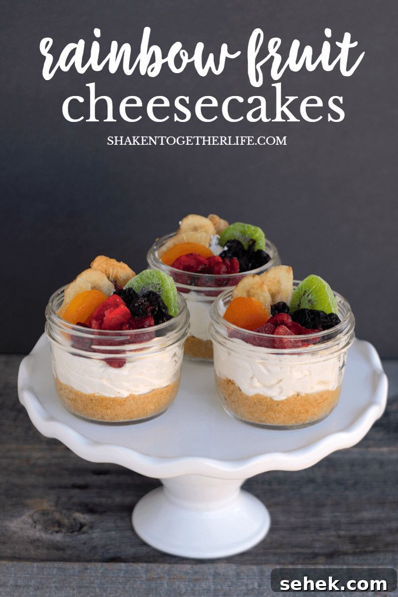 Layered Rainbow Cheesecakes in a Jar: Colorful Mini Dessert Recipe 3 Rainbow Fruit Cheesecakes in a Jar with homemade graham cracker crust and rainbow fruit topping!
