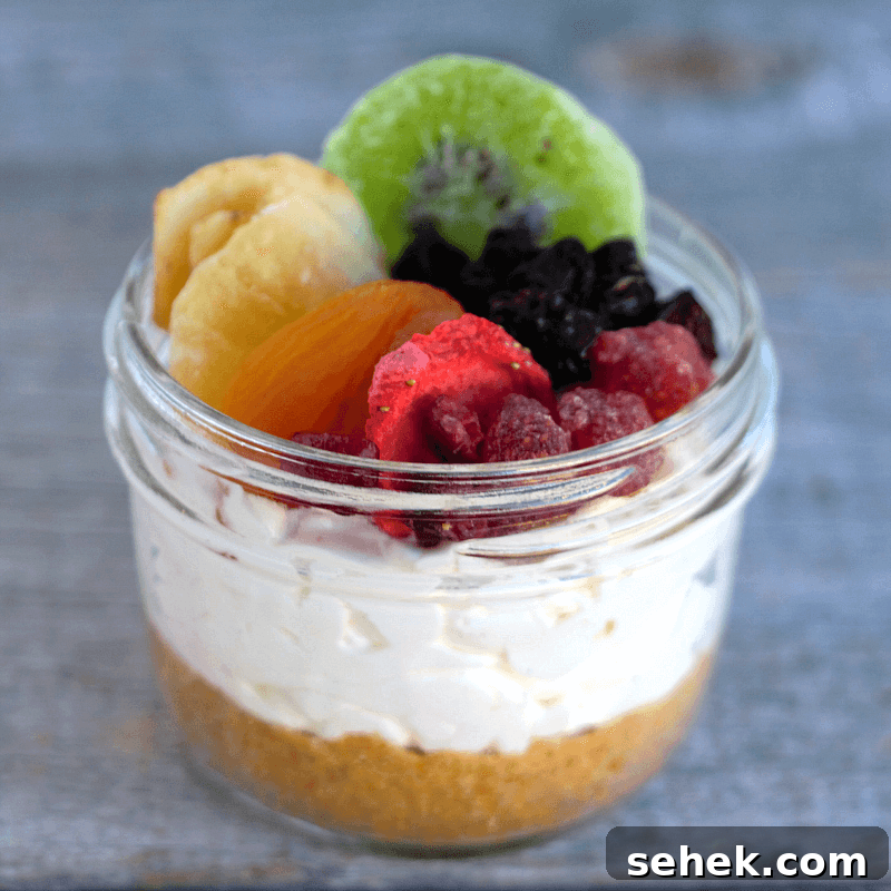 Layered Rainbow Cheesecakes in a Jar: Colorful Mini Dessert Recipe 6 Rainbow Fruit Cheesecakes in a Jar - these no bake cheesecakes are topped with loads of colorful dried fruit!