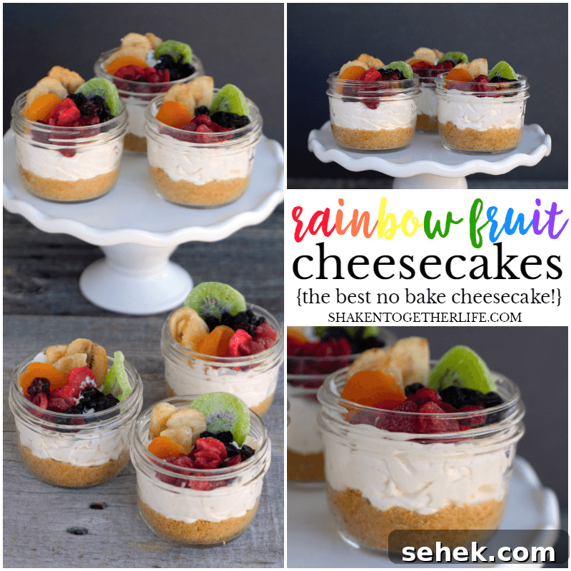 Layered Rainbow Cheesecakes in a Jar: Colorful Mini Dessert Recipe 7 Rainbow Fruit Cheesecakes in a Jar - this colorful, no bake dessert is just so pretty!