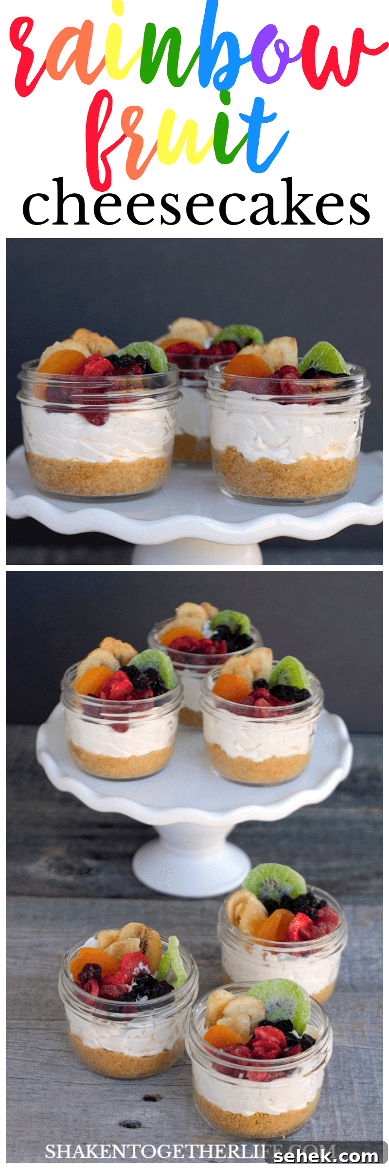 Layered Rainbow Cheesecakes in a Jar: Colorful Mini Dessert Recipe 9 Rainbow Fruit Cheesecakes in a Jar - this is my favorite no bake cheesecake recipe with a homemade graham cracker crust and topped with gorgeous rainbow fruit!