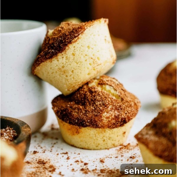 Two cinnamon sugar muffins are stacked beside a white cup, with more muffins and cinnamon sugar scattered on a white surface in the background.