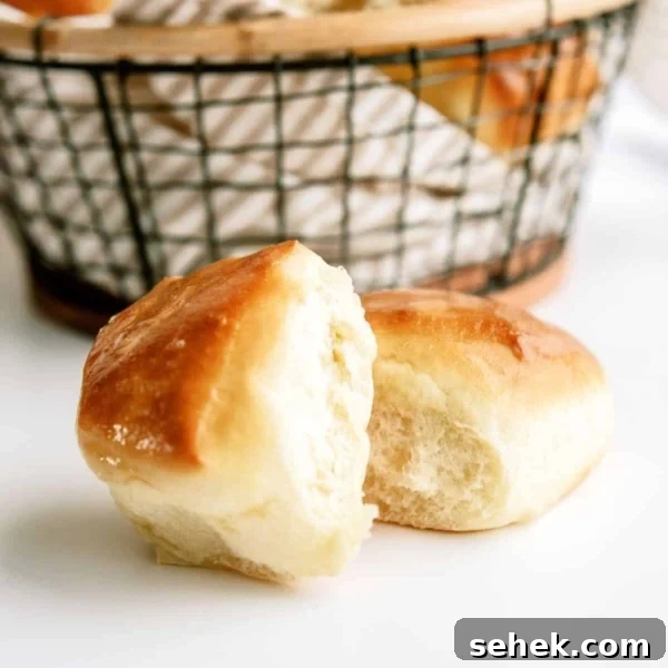 2 Texas Roadhouse Rolls in front of a basket filled with Texas Roadhouse Rolls.