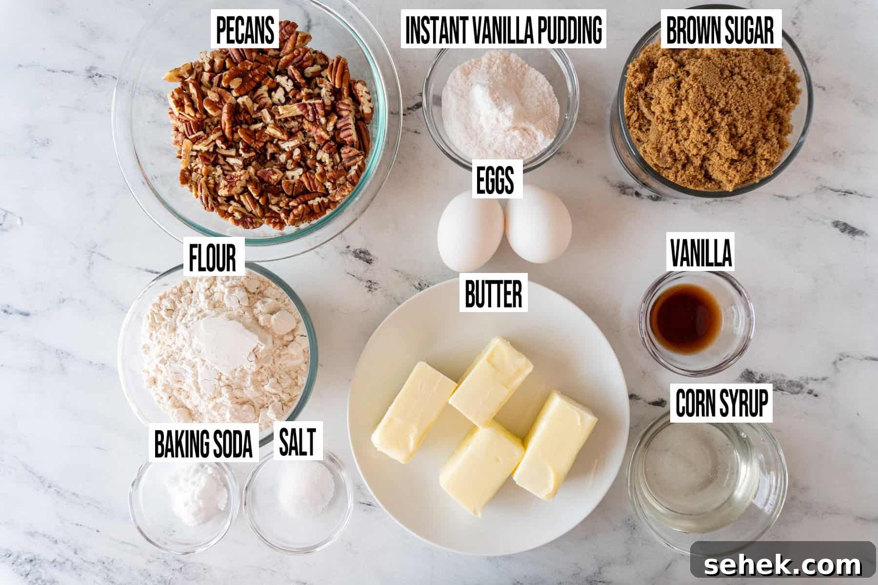Pecan Pie Cookies: Chewy Cinnamon-Pecan Cookie Recipe 4 pecan pie cookie ingredients in individual bowls and labeled.