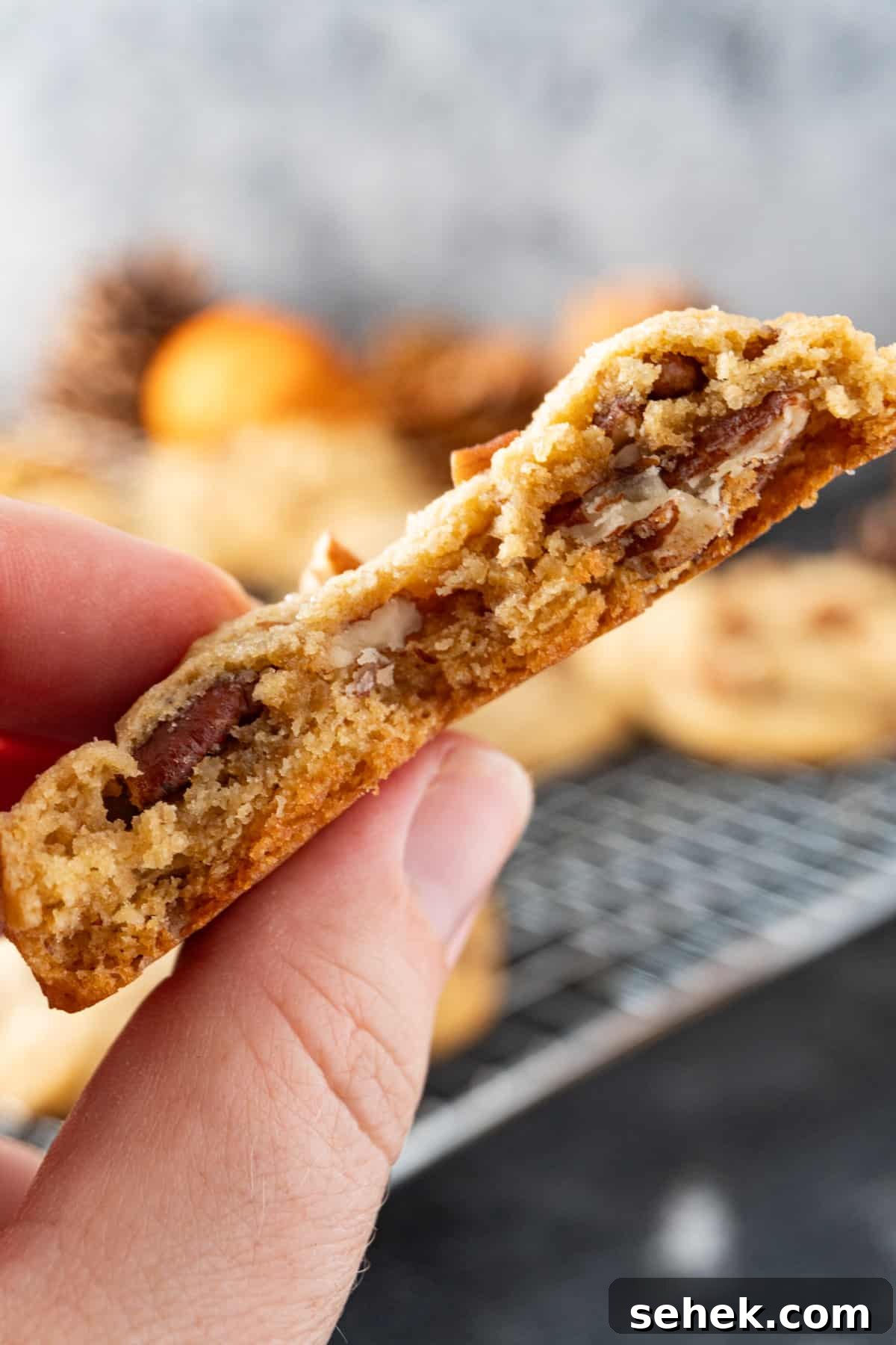 Pecan Pie Cookies: Chewy Cinnamon-Pecan Cookie Recipe 6 holding half a pecan pie cookie showing pecans throughout the cookie.
