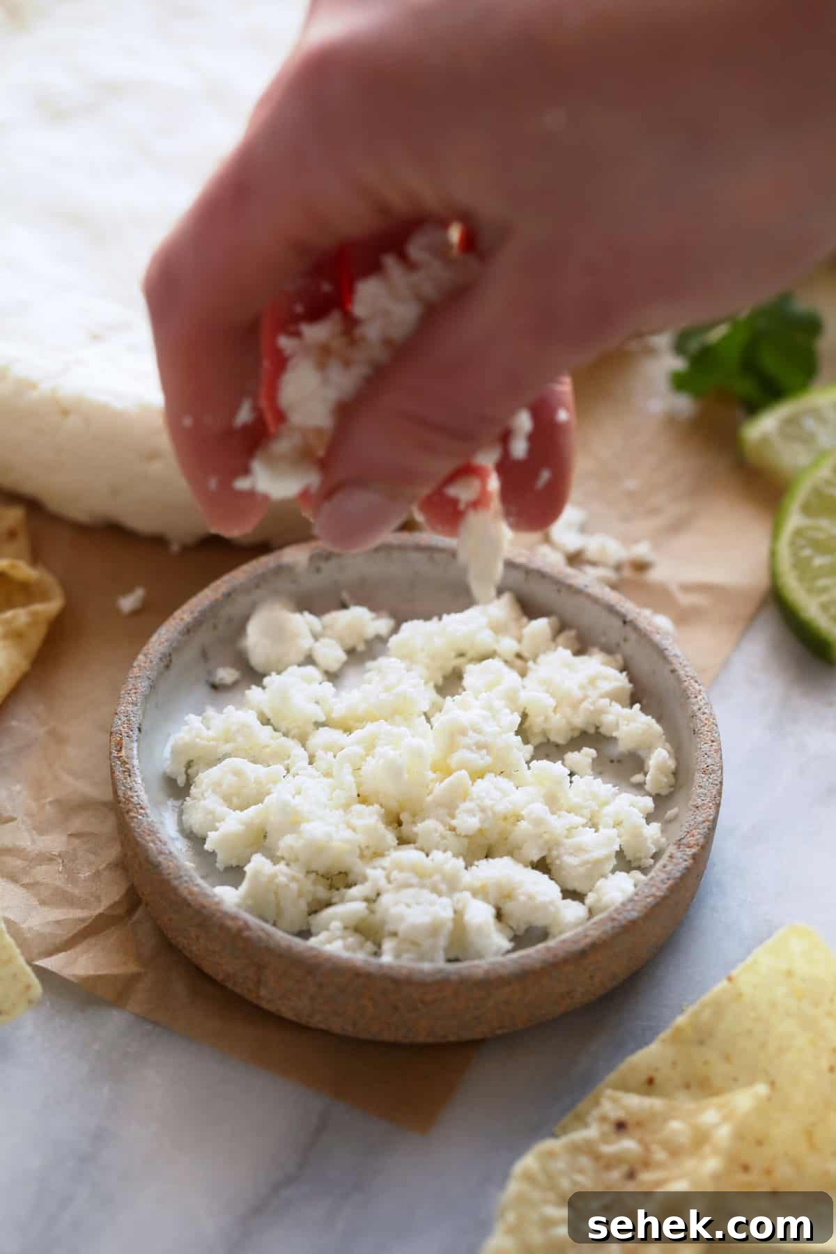 Cotija cheese is a white, crumbly Mexican cheese made from cow's milk and named after the town of Cotija, Mexico. Cotija cheese crumbles.
