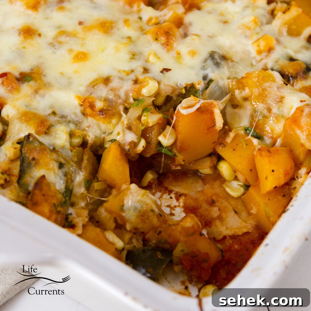 Mexican-Style Butternut Squash Casserole with Chipotle and Cheese 3 square crop of Mexican casserole in a pan with logo.