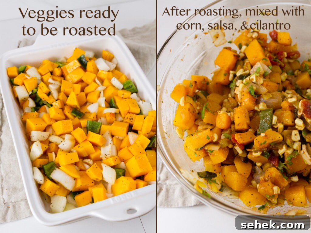 Mexican-Style Butternut Squash Casserole with Chipotle and Cheese 5 two process shots: left: raw veggies ready to be baked. Right: roasted veggies mixed with corn, cilantro, and salsa