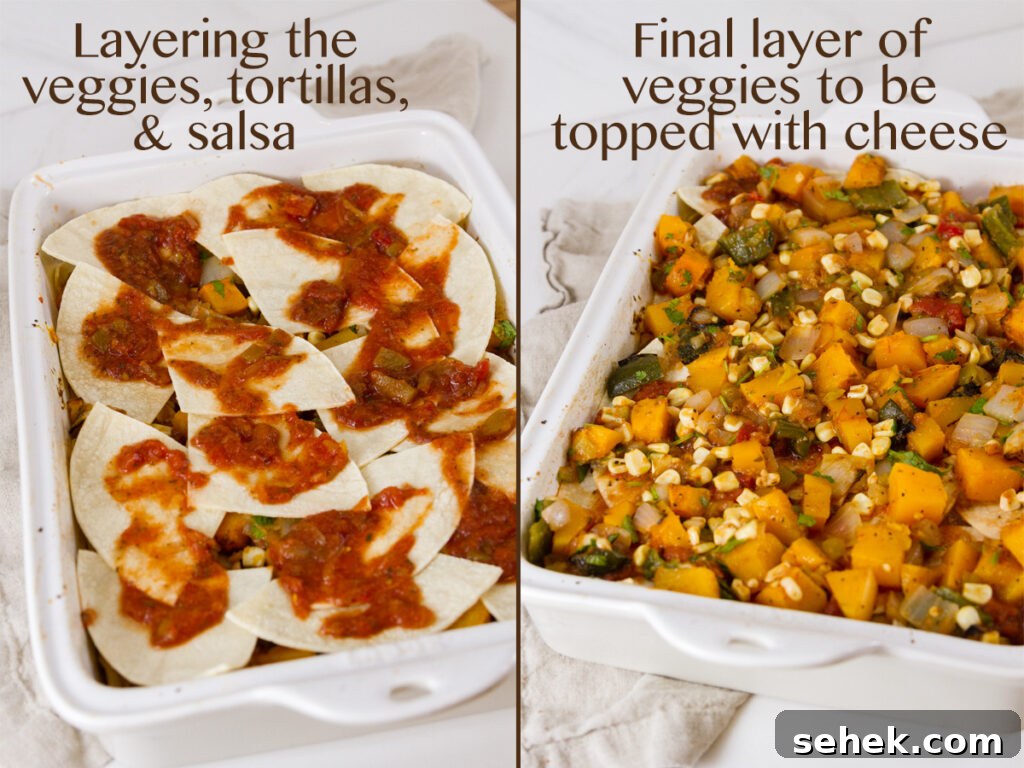 Mexican-Style Butternut Squash Casserole with Chipotle and Cheese 6 process shots for casserole. Layering the veggies, tortillas, and salsa