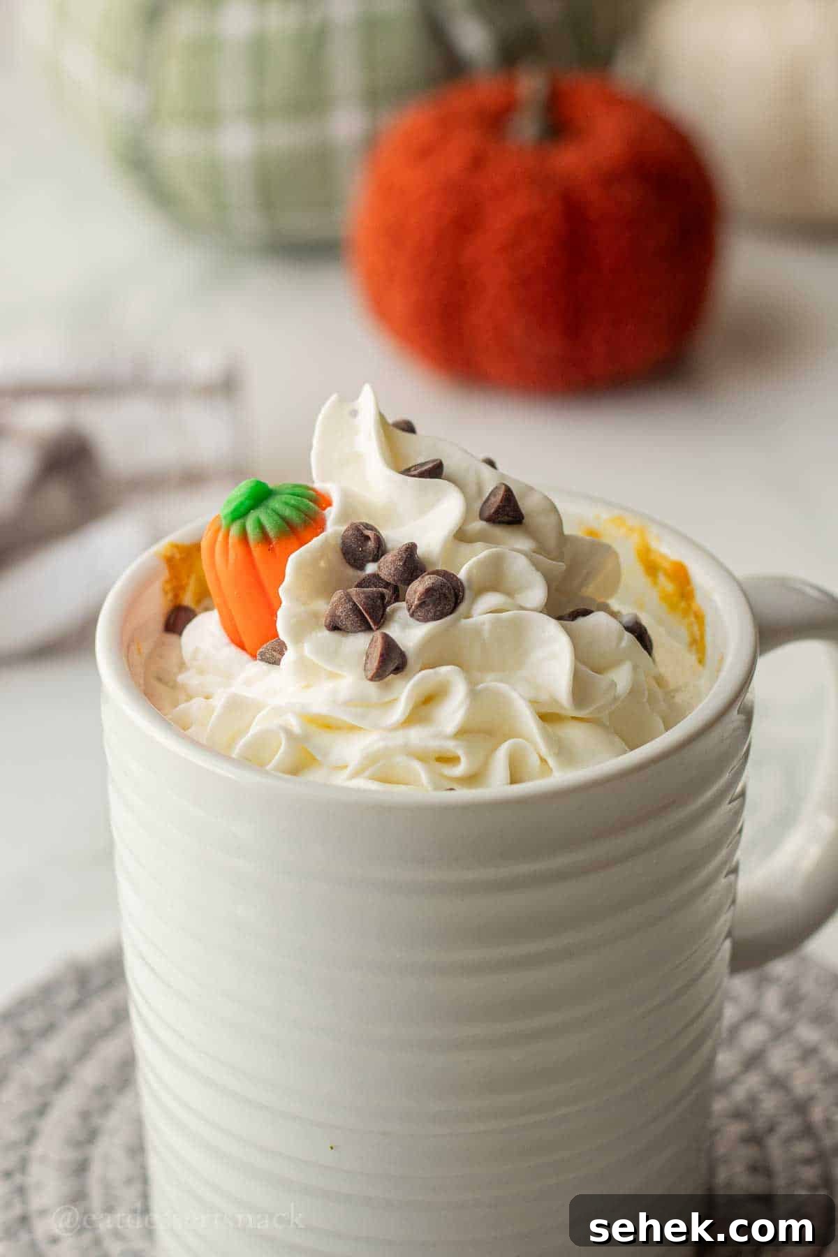 Quick Pumpkin Spice Mug Cake Recipe for One 6 Whipped cream and pumpkin candy on top of cooked pumpkin spice mug cake.