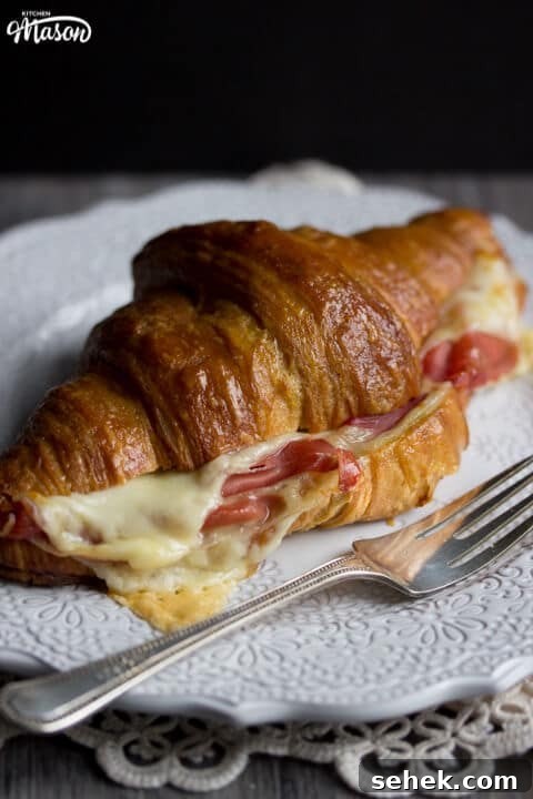 Flaky Croissant Breakfast Sandwich Recipe with Ham & Cheese 2 Prosciutto & Gouda Croissant Sandwich on a Plate
