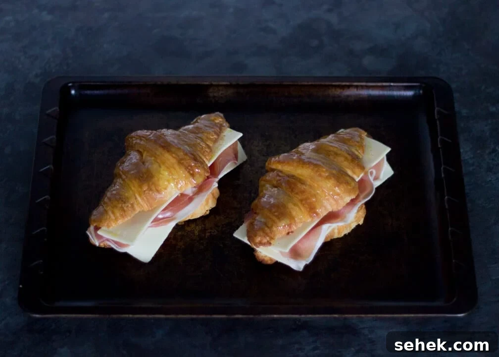 Flaky Croissant Breakfast Sandwich Recipe with Ham & Cheese 7 Croissant Sandwich with Prosciutto & Gouda on a Baking Tray
