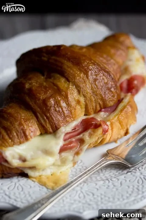 Flaky Croissant Breakfast Sandwich Recipe with Ham & Cheese 3 Prosciutto & Gouda Croissant Sandwich on a Plate
