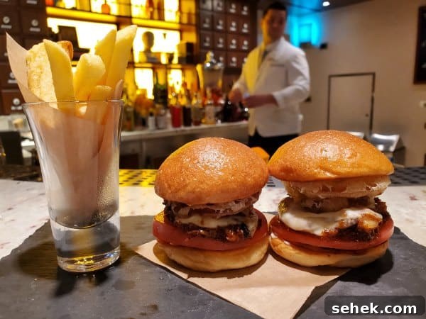 burger sliders and fries on the alchemy bar counter