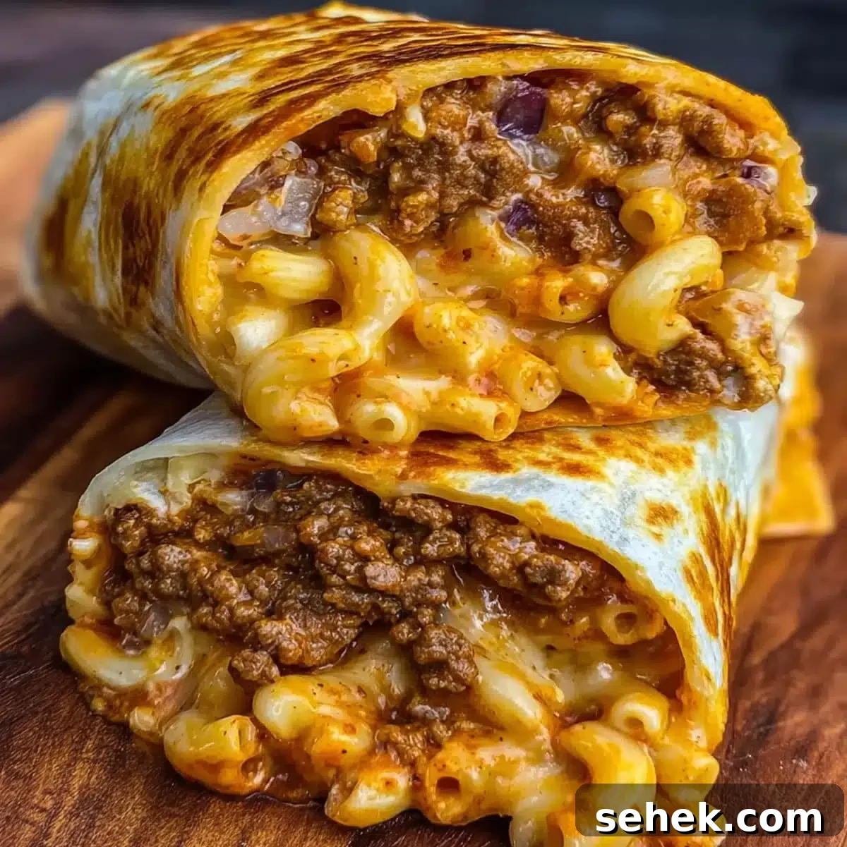 Grilled Sloppy Joe Mac and Cheese Burrito sliced open