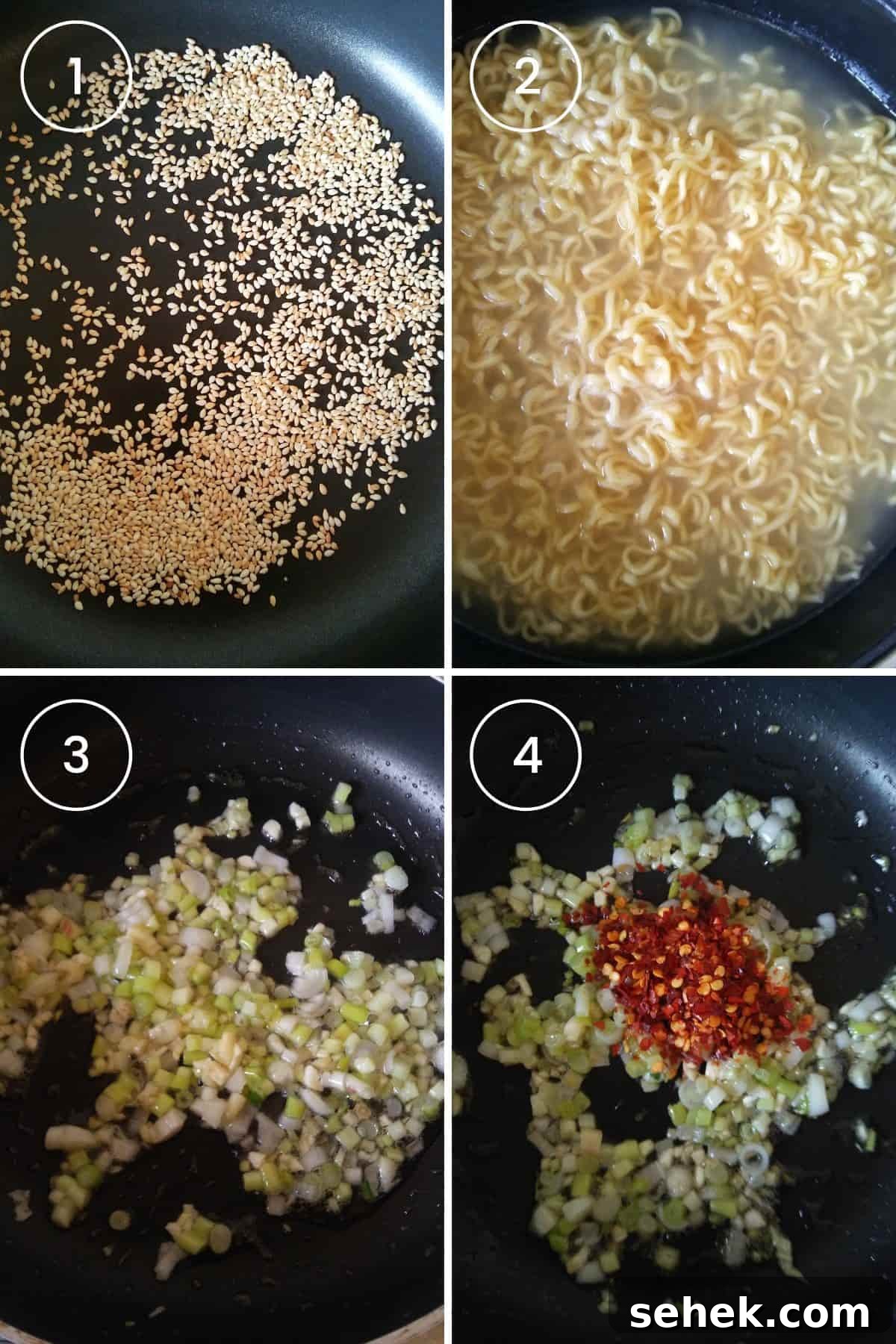 10-Minute Sesame Garlic Ramen Recipe for Fast Flavor 4 4 images showing toasting sesame seeds, cooking ramen, and stir frying aromatics.