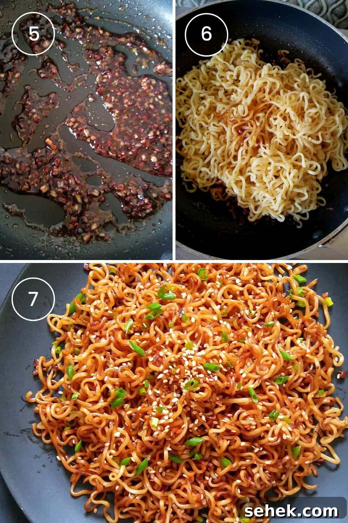 10-Minute Sesame Garlic Ramen Recipe for Fast Flavor 5 3 images showing stir frying noodles with aromatics and sauce, then serving.