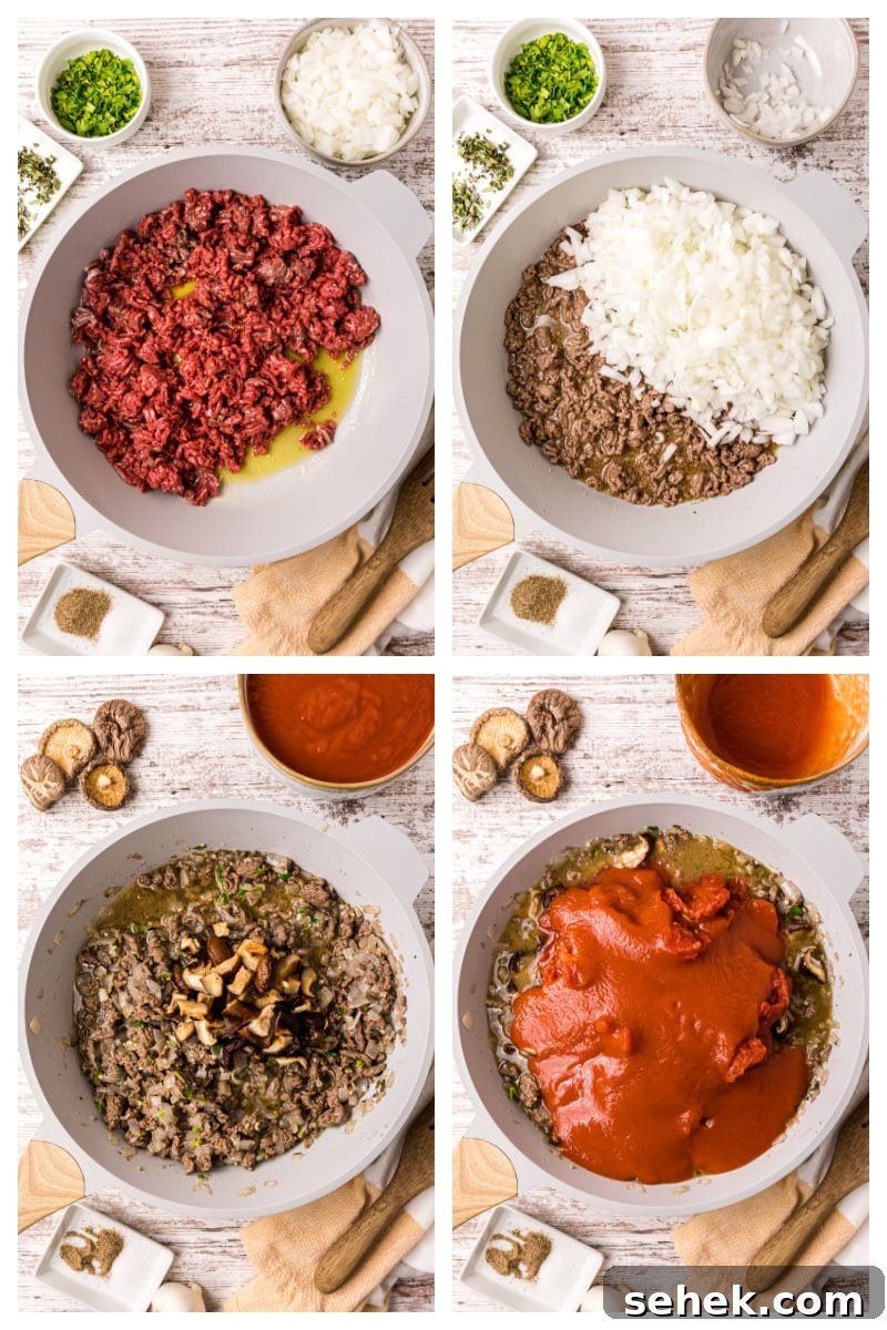 Mom's Spaghetti Sauce four photos showing how to make mom's spaghetti sauce
