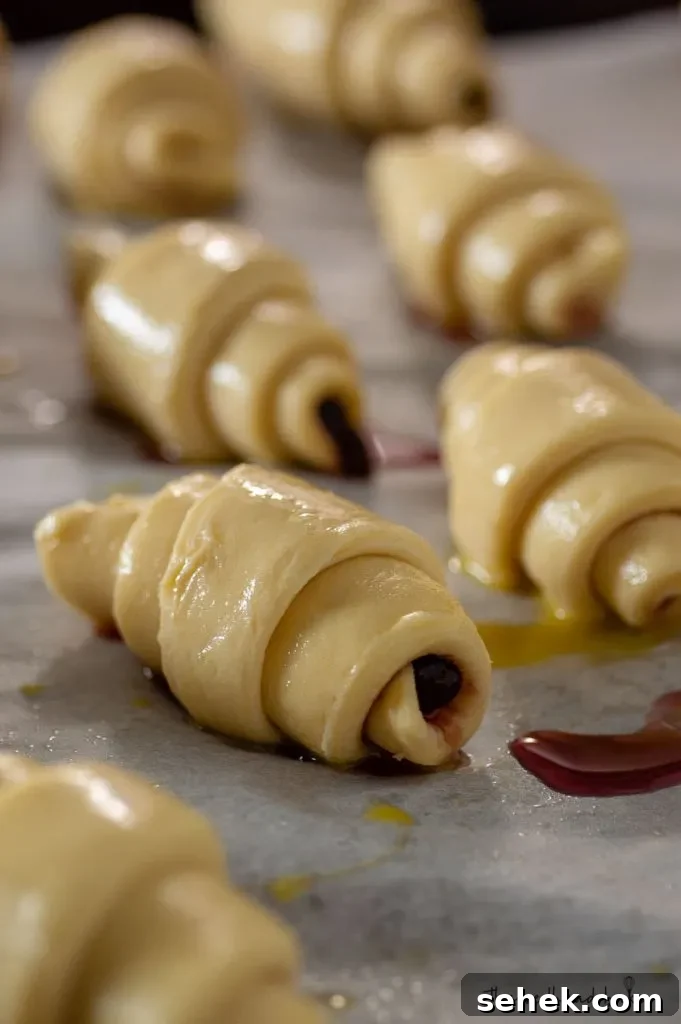 Raspberry Brioche Crescent Pastries: Flaky, Buttery Treats 3 Shaped raspberry brioche crescents, egg-washed and proofing on a baking sheet